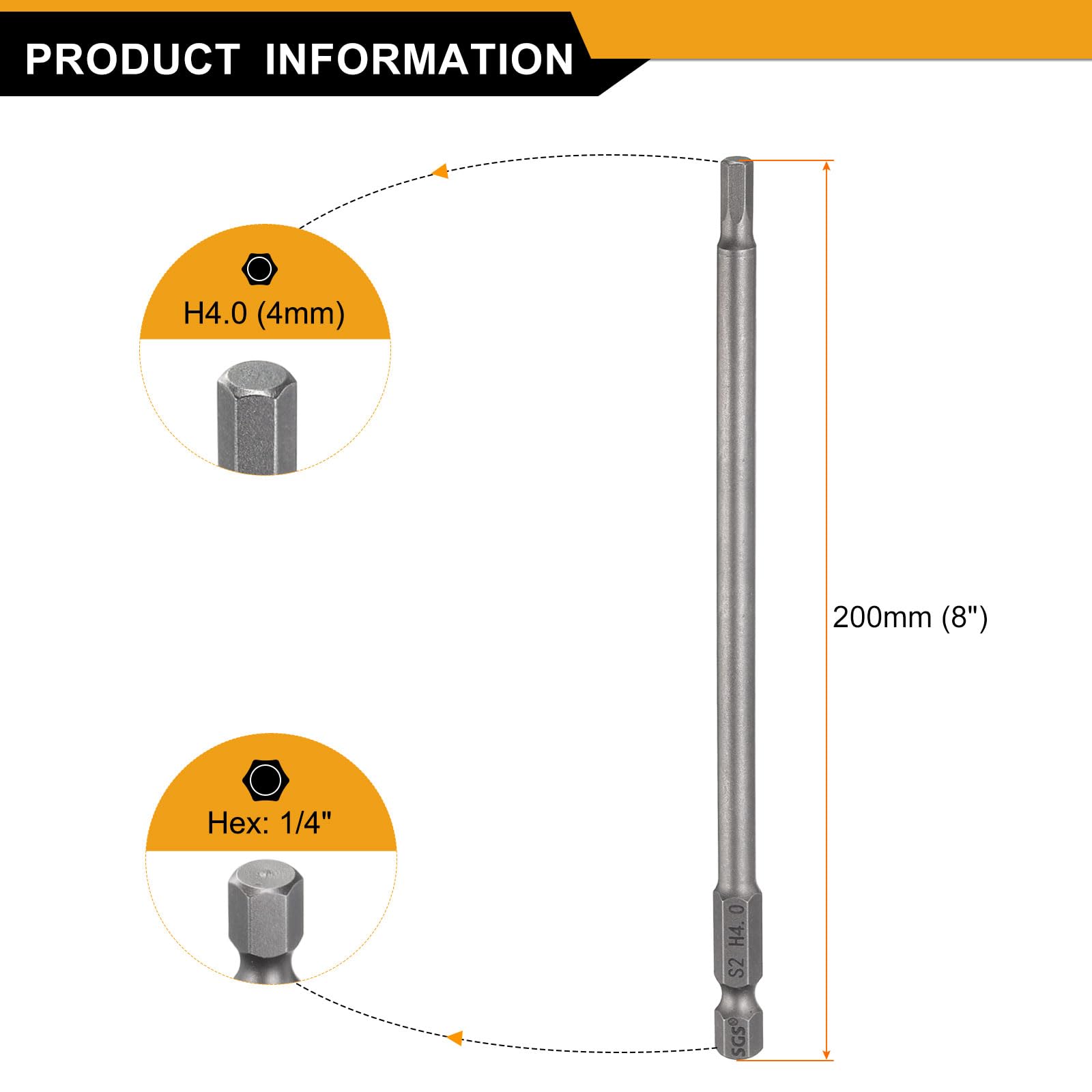 QUARKZMAN H4,0 Chiavi a Brugola per Punte da Trapano 4mm Punte Metriche Piane 1/4" Attacco Esagonale 200mm (8") Punta Cacciavite Esagonali Magnetico Lungo Industriale per Viti
