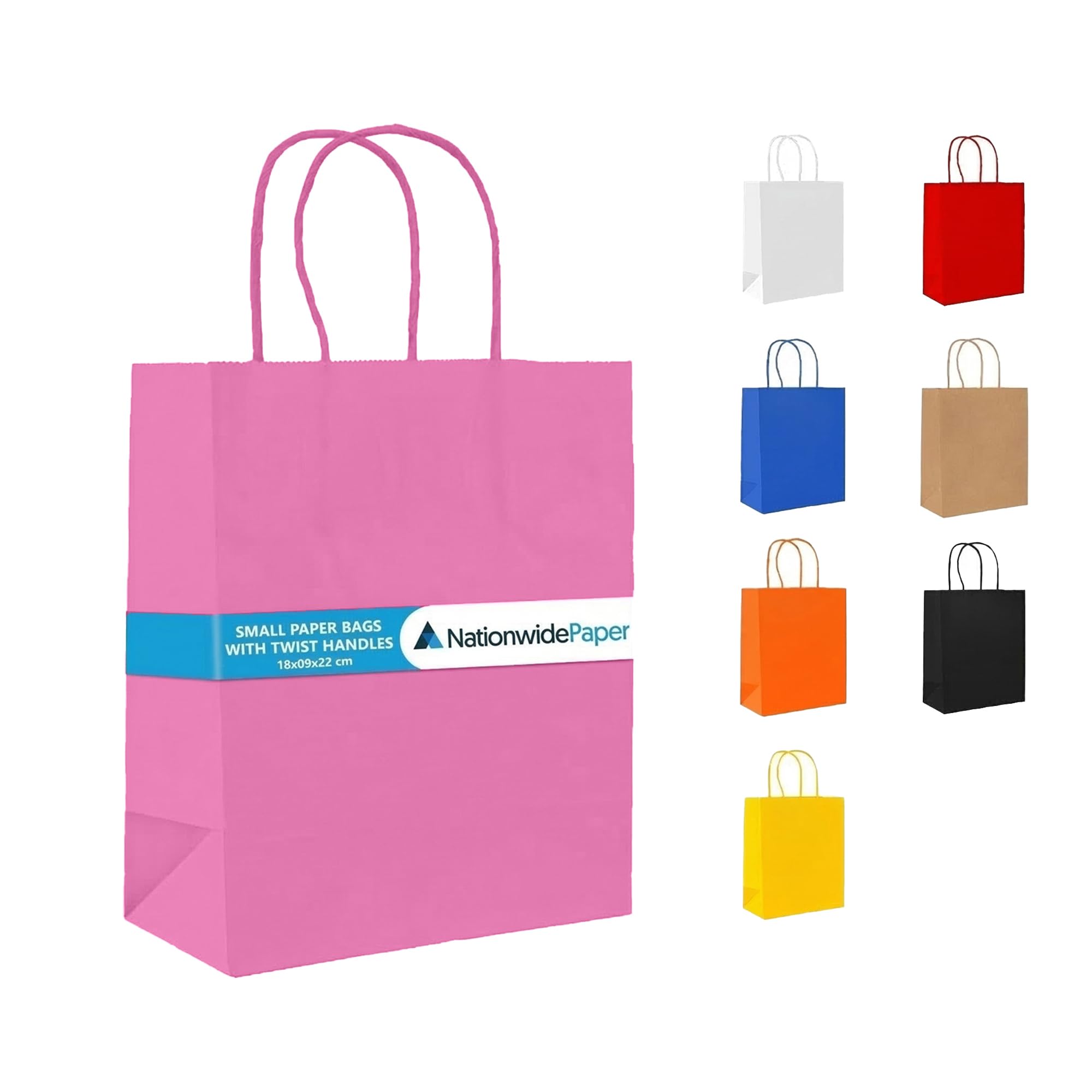 Nationwide Paper 200 Small Pink Paper Bags, Party Bags, Gift bag DIY and Sweet bags with Strong Twisted Handles (18x9x22cm)
