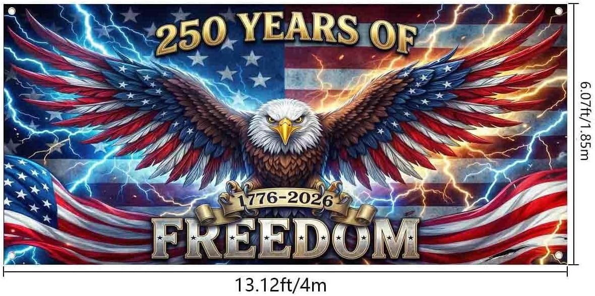 7X16ft American 250th Years of Freedom Garage Door Cover, 4th of July Fire Eagle Flag Backdrop, 1776-2026 USA 250th Anniversary Patriotic Independence Day Party Outdoor Decor Banner