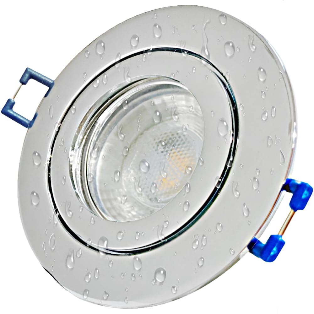 LED Einbauspots 12V Set – 3× 5W IP44 Feuchtraum geeignet – Ø 60–68 mm – Warmweiß 3000K, 400lm – Chrom inkl. Trafo, 3× 120 cm Stromkabel & Verteiler – für Decken in Bad/Küche/Dusche – mit Clipverschluß