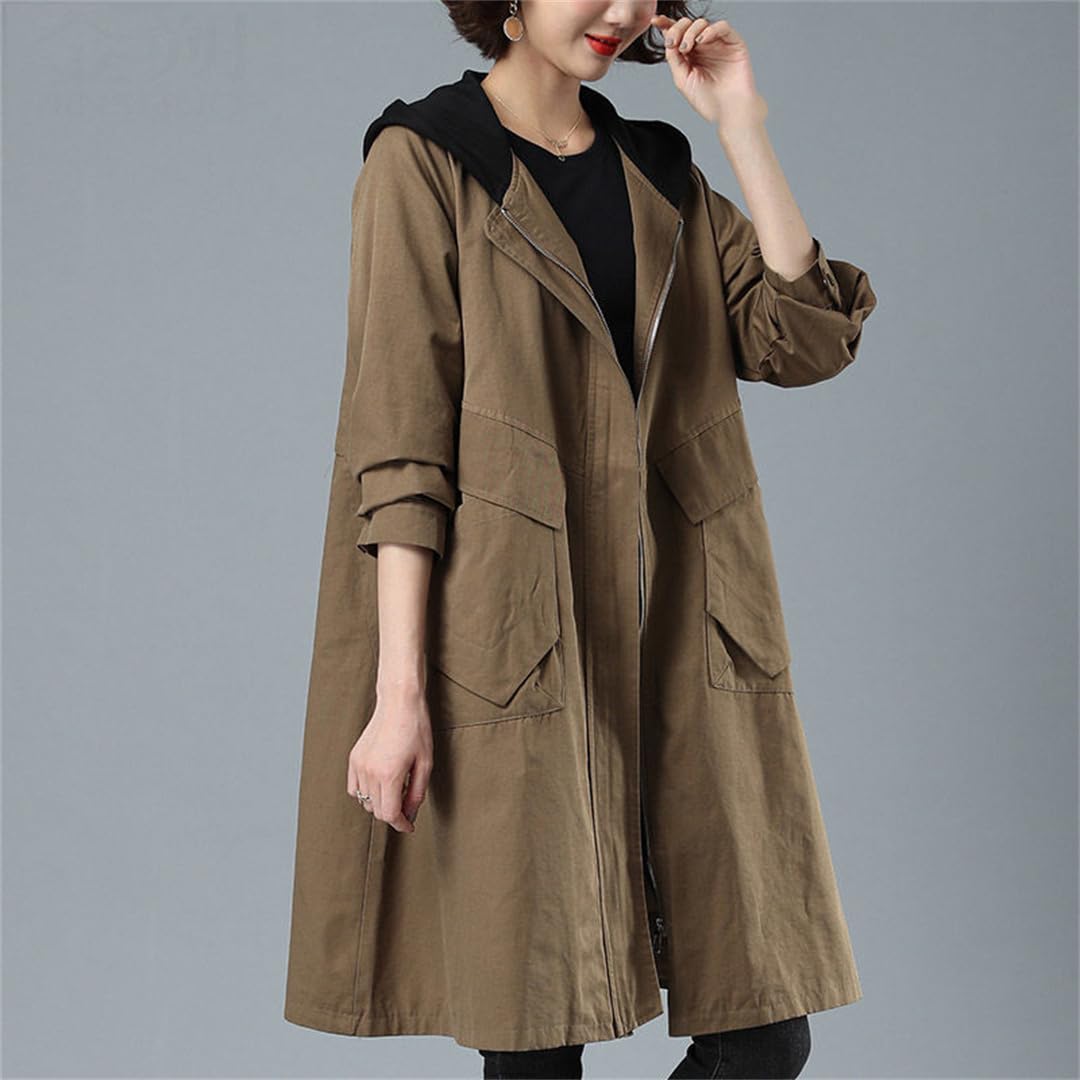 Primavera E Autunno Trench Da Donna Di Mezza Lunghezza Con Cappuccio Cerniera Giacca Allentata Donna Cappotto Di Mezza Età