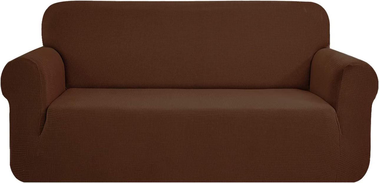 SAMSTEX Stylish Sofa Covers 4 Seater High Stretch 1-Piece Slipcovers Thick Soft Sofa Protector Machine Washable Non-Slip Couch Covers (Brown)