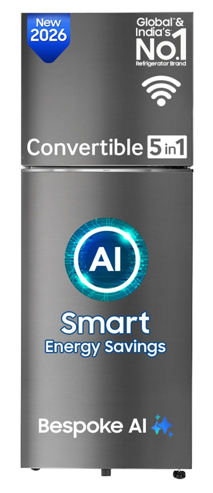 Samsung 330 L, 3 Star, Convertible 5-in-1, Digital Inverter, Frost Free Double Door, WiFi Bespoke AI Refrigerator (RT34HG5A23S8HL, Silver, Elegant Inox, 2026 Model)