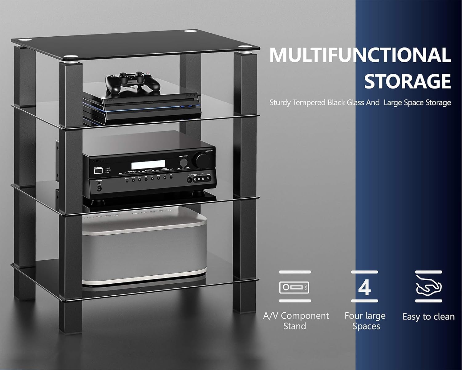 FITUEYES HiFi Rack AV półka 4-poziomowy szklany stojak na telewizor z półkami do przechowywania mediów ze szkła hartowanego, czarny