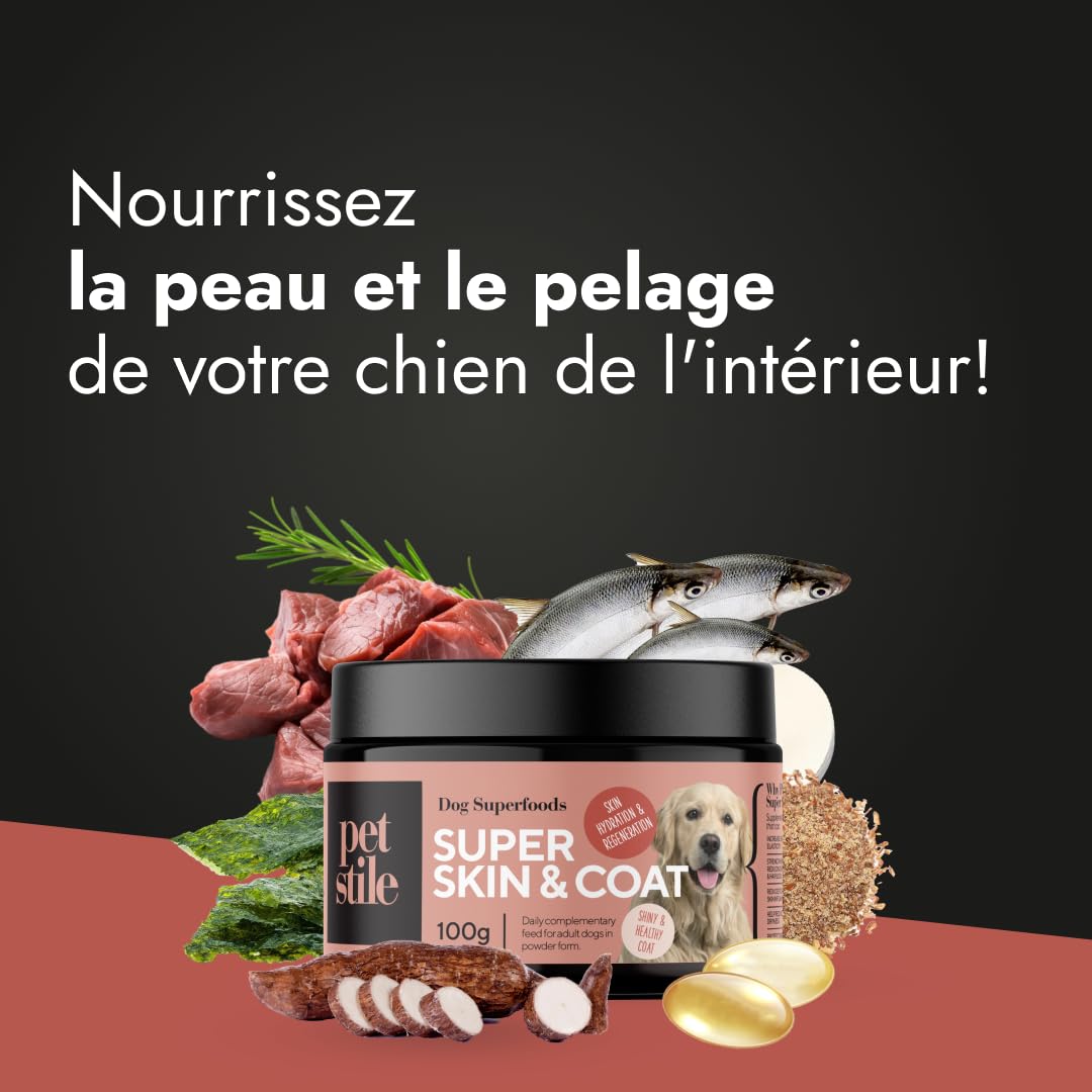 Super Skin & Coat Omega 3 pour Chiens – Peau Saine & Pelage Brillant avec Oméga-6, Zinc, Biotine, Vitamine E & Huile de Poisson – Réduit Démangeaisons & Perte de Poils (100 g (Paquet de 3))