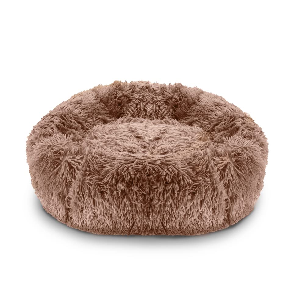 Pawamore Stress Relief Anxiety Pet Calming Comfort Round Noodle Donut Cushion Nest Cat Dog Bed with Warm Soft Plush Cover (Small | 50cm Diameter, Neutral Brown)