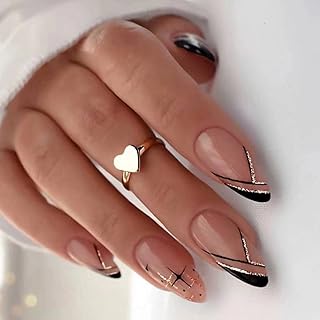 JUSTOTRY 24 Pcs Glitter Stiletto False Nails Short with Star,Black French Press on Nails Pattern, Geometric Fake Nails Short with Nail Glue,Almond Stick on Nails for Women,Nails Fake Nail for Nails Art
