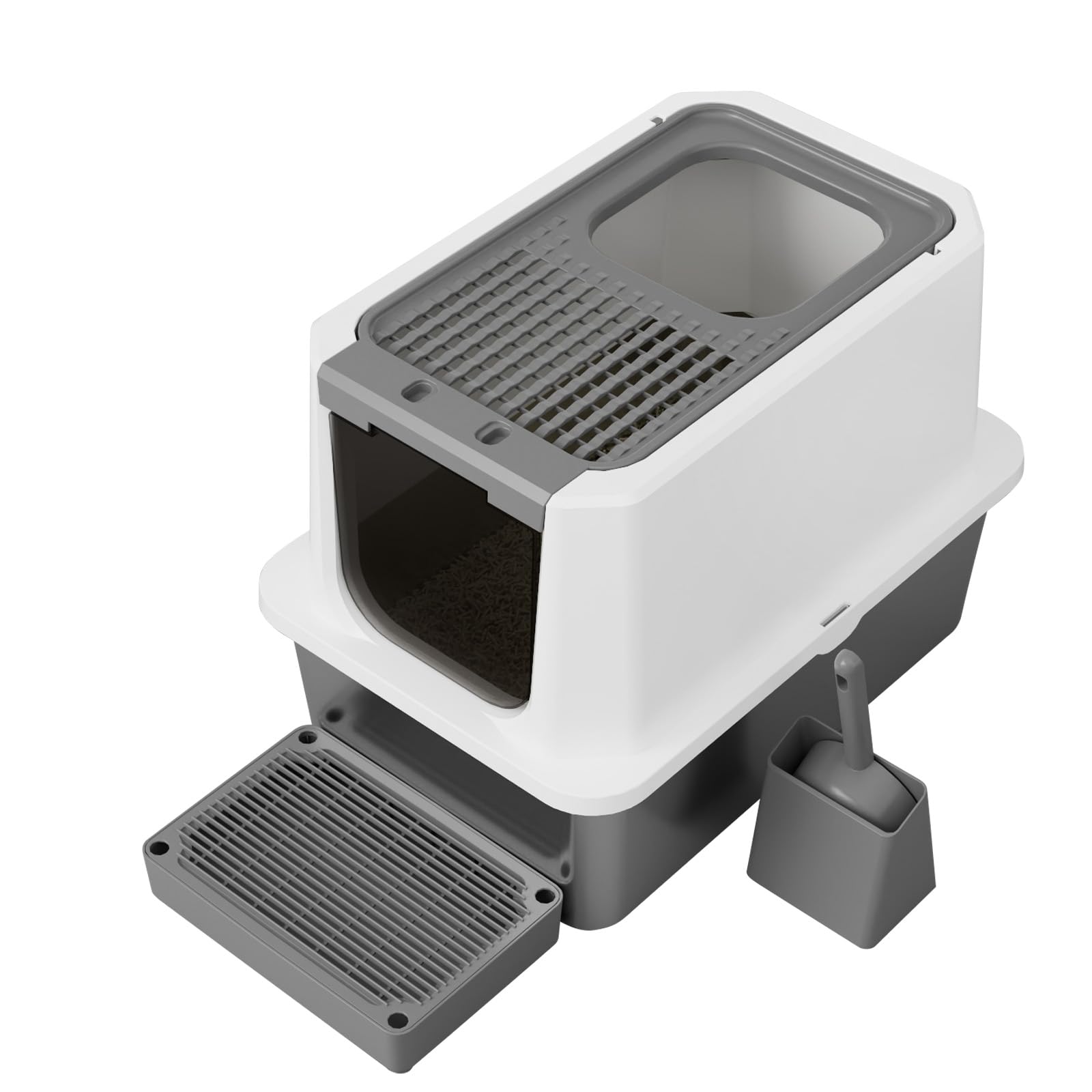 RIZZARI Large Cat Litter Box: Dark Gray Semi-Enclosed Stainless Steel Litter Box with Raised Edges - Anti-Leakage Odorless - Litter Pan for Small to