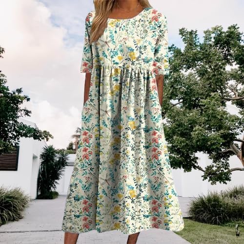Summer Boho Dress Floral Print Short Sleeve Crewneck Casual Fashion High Waist Dresses with Pockets - Image 2