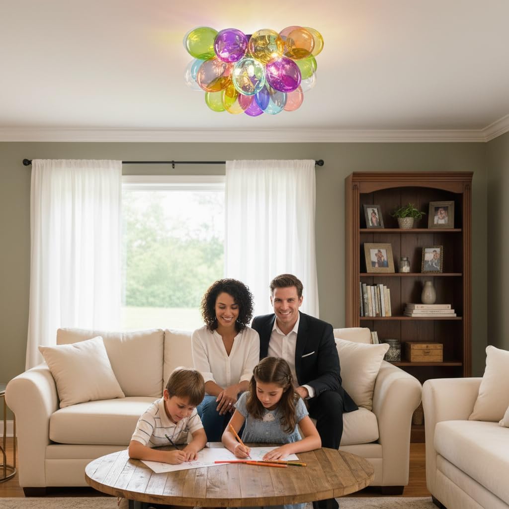 Semi Flush Mount Colorful Bubble Chandelier,Close to Ceiling Light Fixtures,20" Modern Bubble Balloon Glass Chandelier with Colorful Globe Glass Shades Pendant Light for Foyer,Living Room,Party
