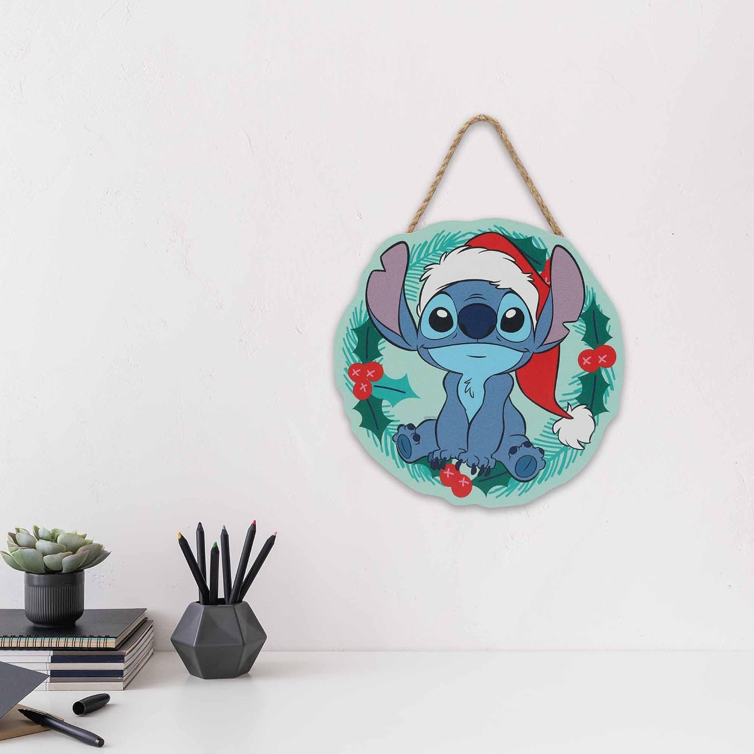 Disney Lilo and Stitch Santa Hat Hanging Wood Wall Decor - Cute Stitch Christmas Wreath Sign for Holiday Decor