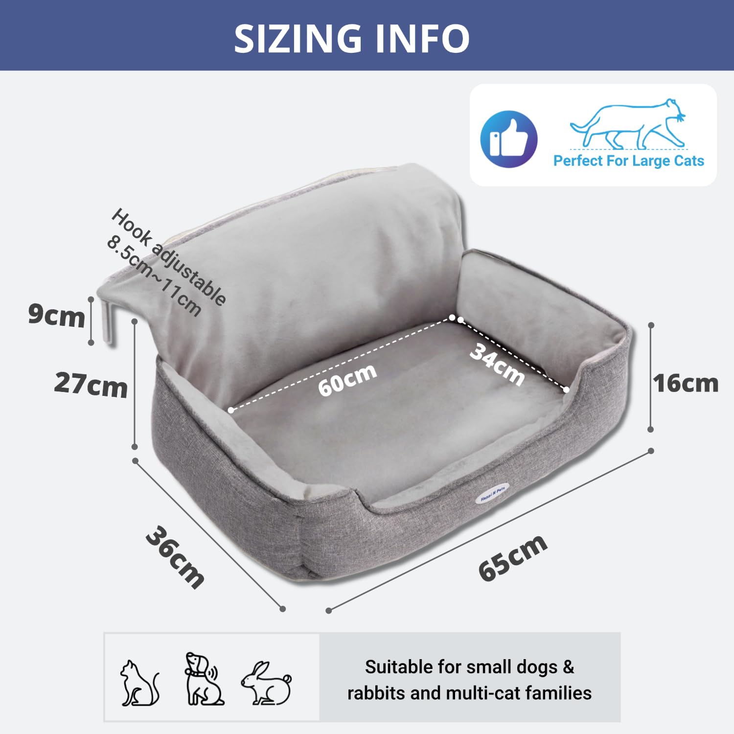 Happi N Pets Large Cat Radiator Bed For Big Cats, Spacious Cat Perch for Heaters, Cuddly Heating Lounger Featuring With Adjustable Hook for Various Radiators, Washable Cover, Window Hammock, Grey