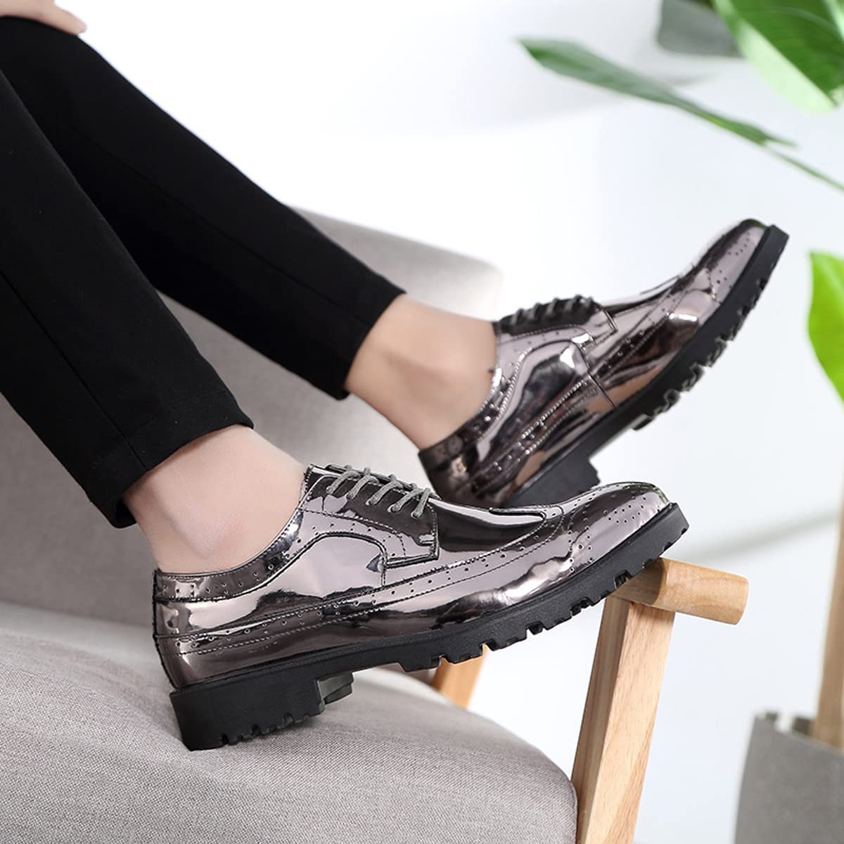 Zaylee Chaussures De Soirée Homme Cuir Verni Vintage - Chaussures Basses Lacets Argentées Brogues Mariage Danse