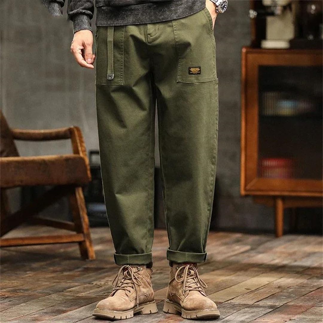 Pantaloni larghi da uomo, stile vintage, stile americano, a vita alta, EN8, pantaloni cargo