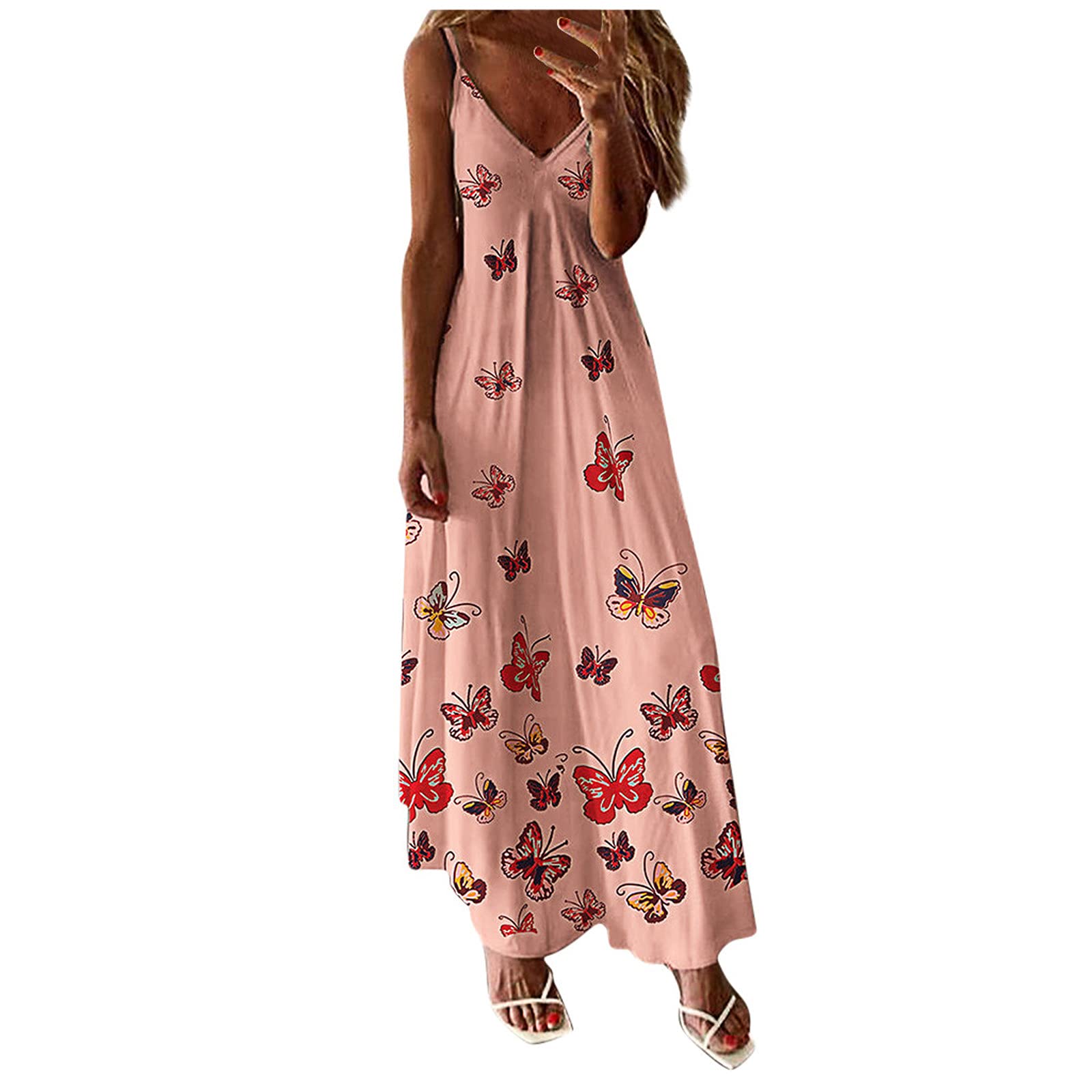 Maxi Dresses for Women Summer Strap Sleeveless Boho Dress Casual V-Neck Long Dresses Hawaiian Beach Dress for Vacation