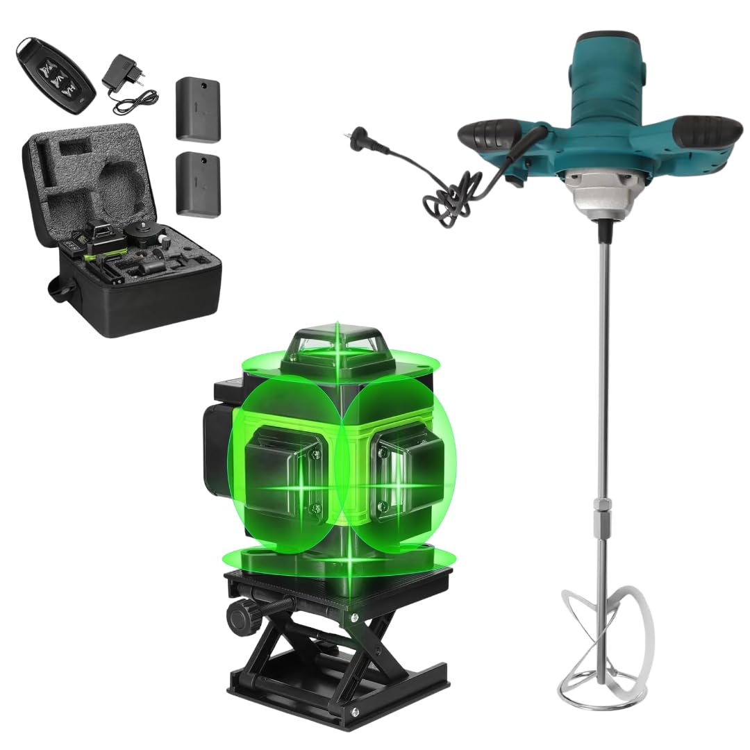 Miscelatore per Malta e Cemento 1600W con 6 Velocità e Attacco M14 + Livella Laser 4D a 16 Linee con Raggio Verde Autolivellante, Kit Professionale 2 in 1.