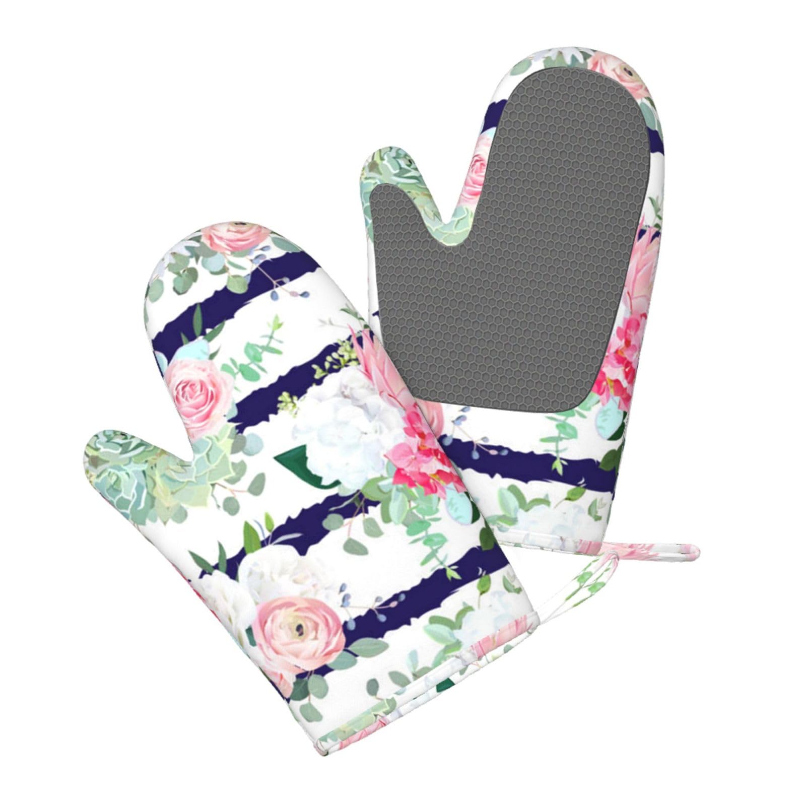 Aqrjlpo Women's Striped Succulents Silicone Oven Mitts Set 2Pcs, Printed Heat Resistant Non-Slip Silicone Oven Gloves For Kitchen Cooking Baking Microwave