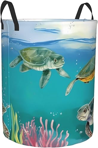 Miniatura 2 de Cesta circular con estampado de tortugas marinas y peces impermeable, cesta organizadora de lavandería, con asas, para ropa, juguetes, tamaño mediano