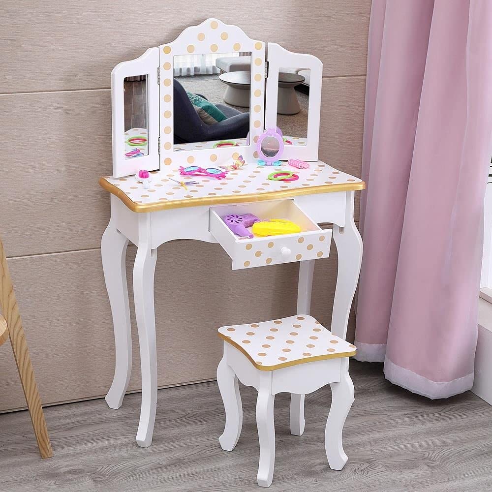 Unknown1 3 -Fold Mirror Single Drawing Curved Foot Children Dressing Table Yellow Modern Contemporary MDF 2 Piece Wood Finish Includes Hardware