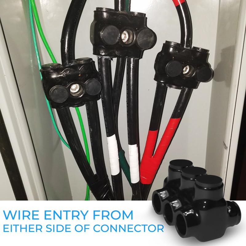 OHLECTRIC 4 Pack - Dual Side Entry - 3 Port - 3/0-6 AWG - Black Insulated Connector - 7/32 Hex Screw - Pre-Filled with Oxide Inhibitor - Rubber/Vinyl Coating, 6061-T6 Aluminum CU9AL