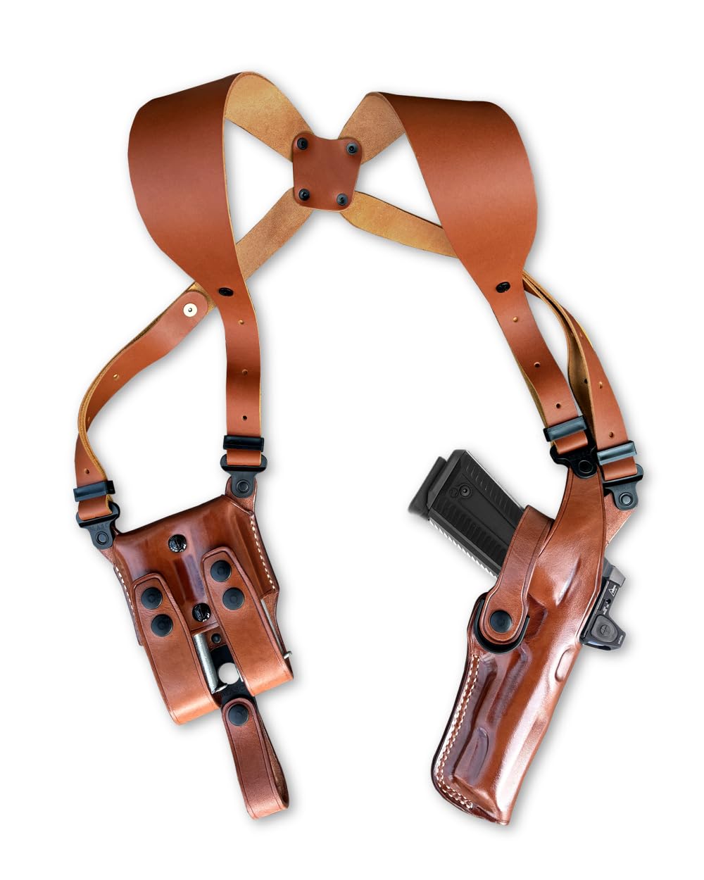 Optic Ready/Red Dot Compatible Premium Leather Vertical Shoulder Holster System with Double Magazine Carrier – Fits Springfildd 1911 Emissary .45 ACP w/Rails 5" Barrel, RH Draw, Brown #1669#