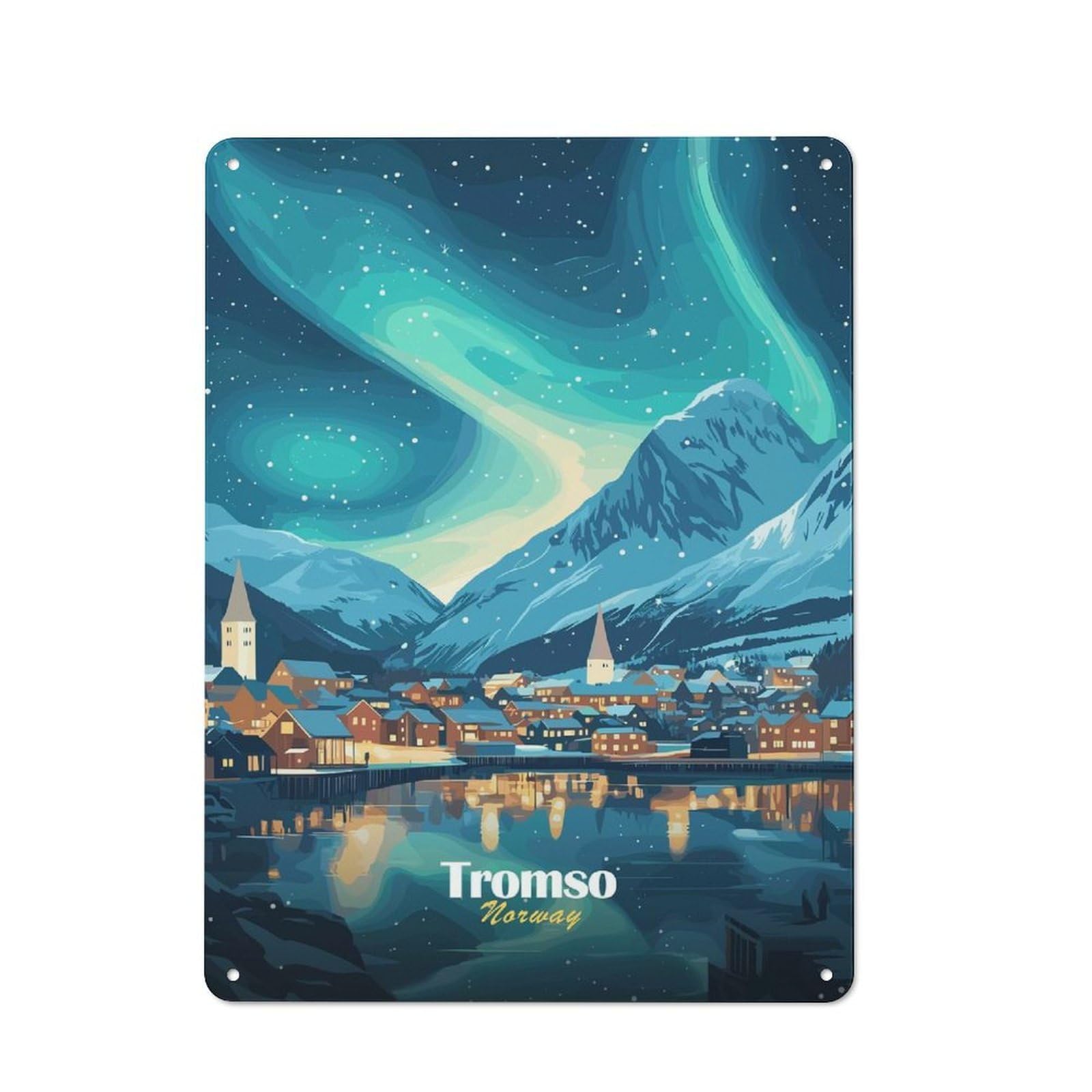 Junmoney Style-14 Tromso, Norway Night Sky Warehouse Style Metal Wall Decor 40X30cm, Metal Wall Sign For Workspace, Cafe, Hallway Or Garage