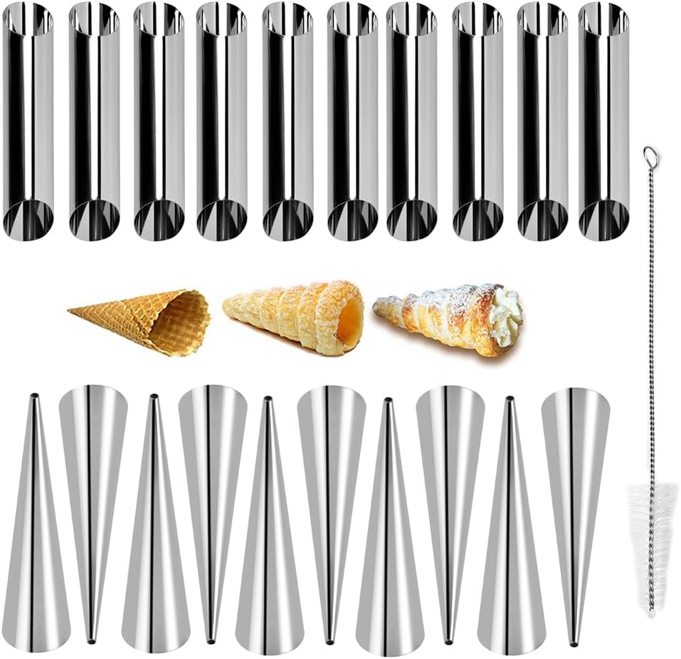Guowall 21 pcs Cannoli Tubes Cream Horn Molds, Stainless Steel Croissant Baking Mold with 1 Cleaning Brush