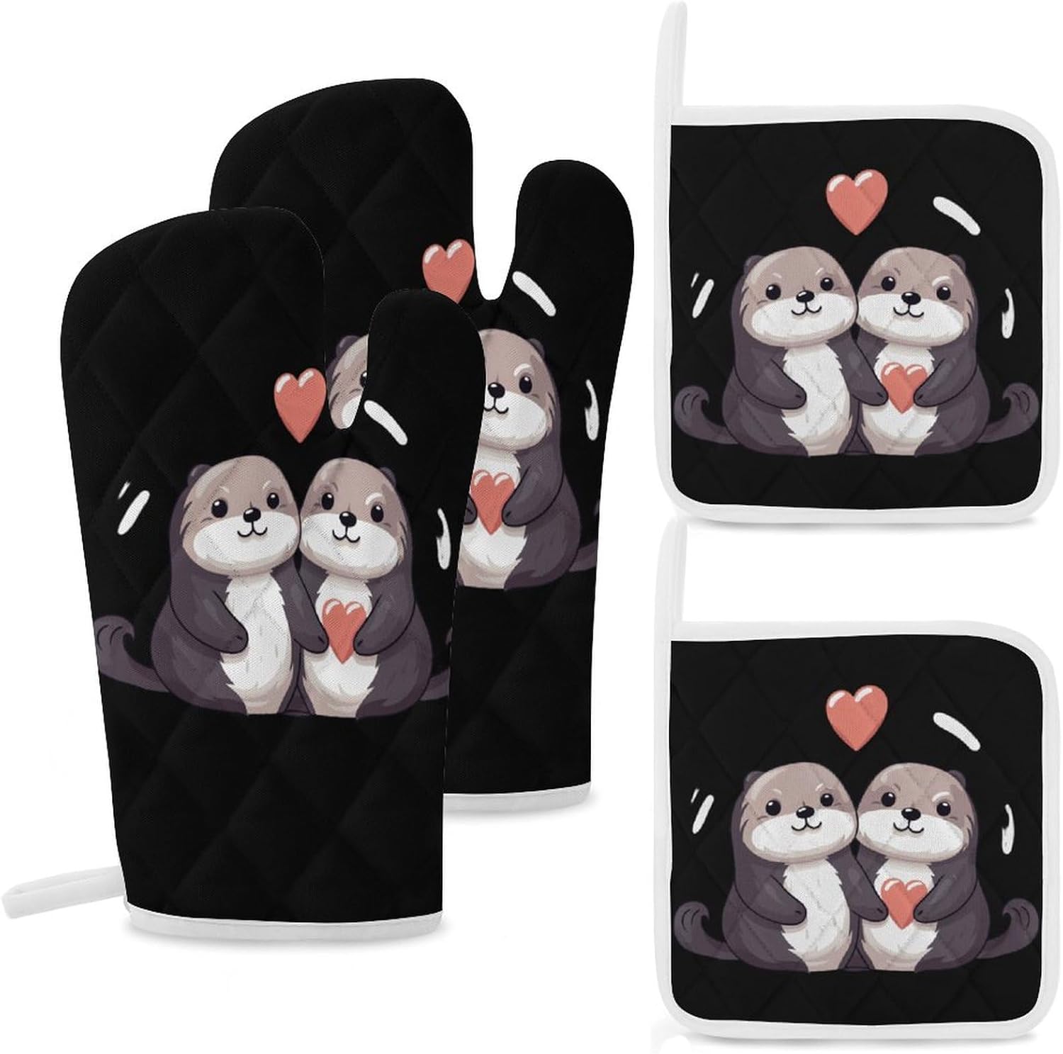 Sea Otters 4 Pcs Oven Mitts and Pot Holders Set High Heat Resistant Long Kitchen Oven Glove Potholders