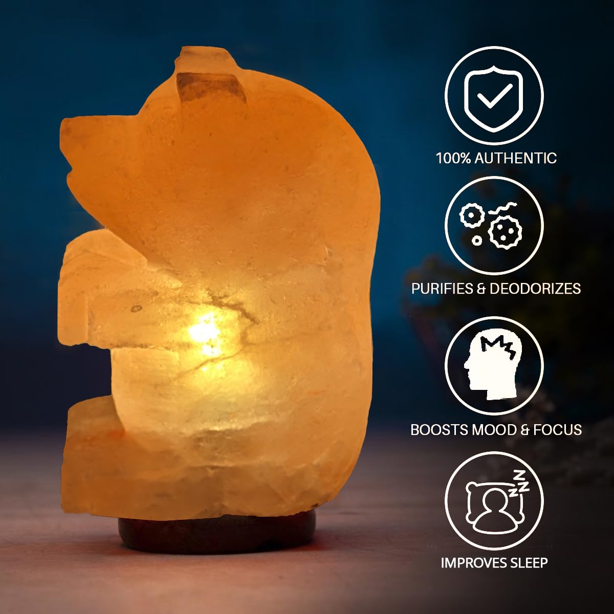 Pink n Salt Bear Shaped Salt Rock Lamp - 100% Organic & Authentic Himalayan Salt Lamp Comes with a Wooden Base - Hand Carved Premium Finish