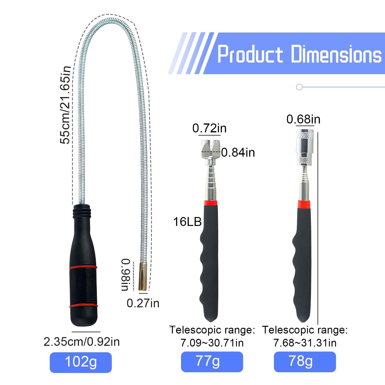 Juego Telescópico de 3 Piezas Recogedores Magnéticos para Tornillos y Objetos Metálicos 1,5 lb/8 lb/16 lb