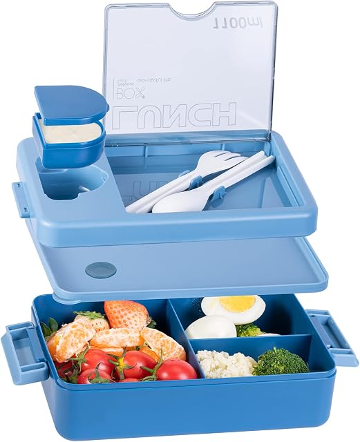 BIWHALE Bento Box 1100ml, Lunch Box for Adults and Kids, Leak-Proof Bento Container with 3 Compartments, Bento Lunch Box with Spoon & Fork, Dishwasher, BPA Free Sandwich Box (Blue)