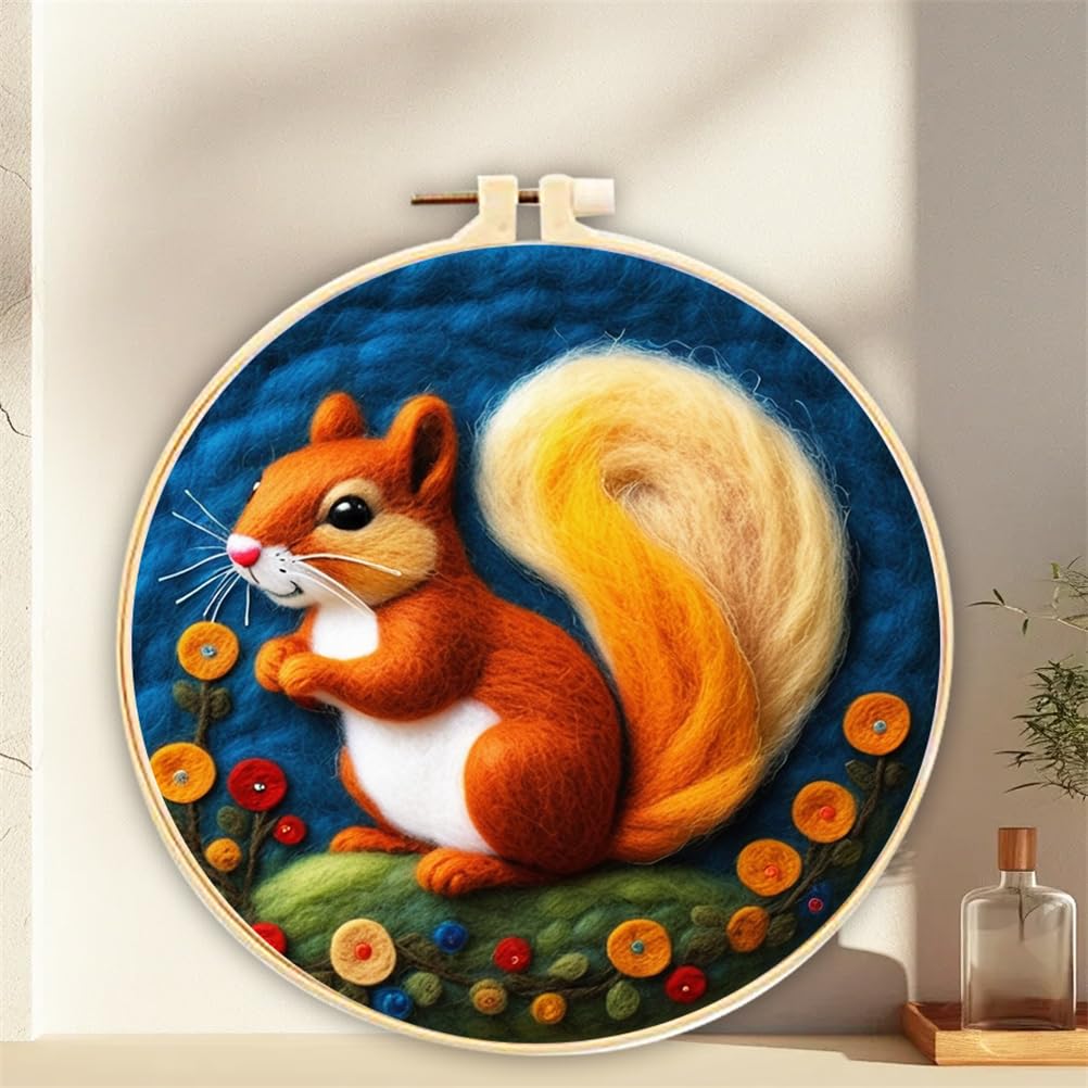 Meecaa Squirrel Diy Needle Felting Kit For Beginners, Animal Flower Including Wool Felt Supplies, Embroidery Hoops,Beautiful Wool Painting And Needle Felting Tools (Squirrel)