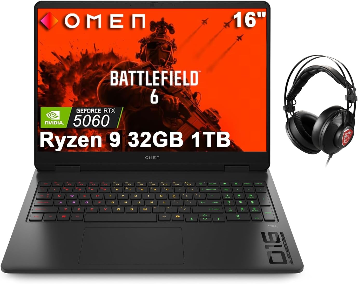 HP OMEN 16 Gaming Laptop w/Headset (NVIDIA RTX 5060 8GB, AMD Ryzen 9 8940HX (> Intel Ultra 7 255H), 32GB DDR5 RAM, 1TB SSD, FHD+ 144Hz), 4-Zone RGB Backlit, 1080p IR Webcam, AI Copilot, Win 11 Home