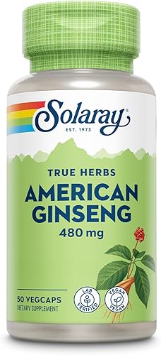 SOLARAY Ginseng americano 480 mg | Hierba adaptogénica | Apoyo saludable para el estrés, la energía y la resistencia física | 50 VegCaps