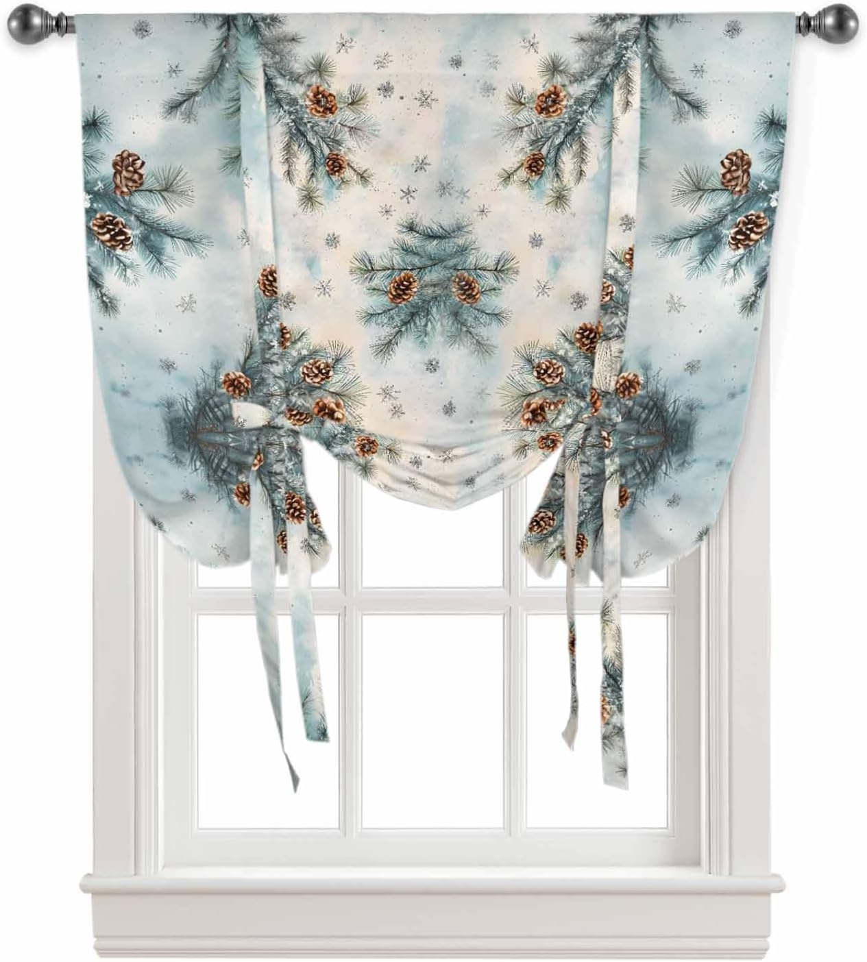 Christmas Pinecone Blue Green Tie Up Curtains for Windows 63 Inch Length Balloon Curtains Kitchen Balloon Window Shade Botanical Winter Xmas Plants Snowy Tie Up Valance Bathroom Curtain Window 46"x63"