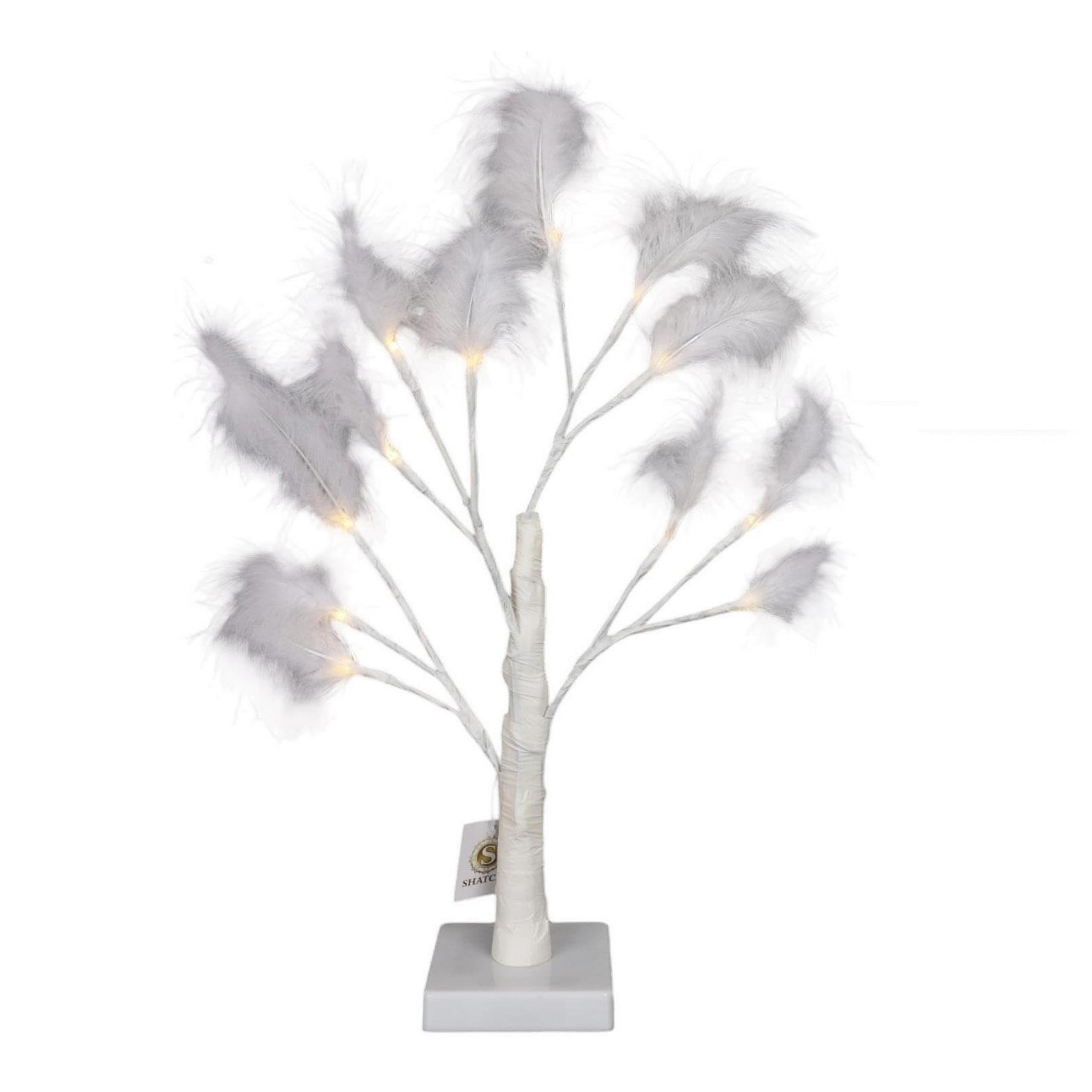 SHATCHI 55cm White Feather Tree Table Lamp Warm White LEDs Lighted Pampas Tree – Battery-Operated Decorative Night Light for Christmas, Home, Events, Holiday Decorations