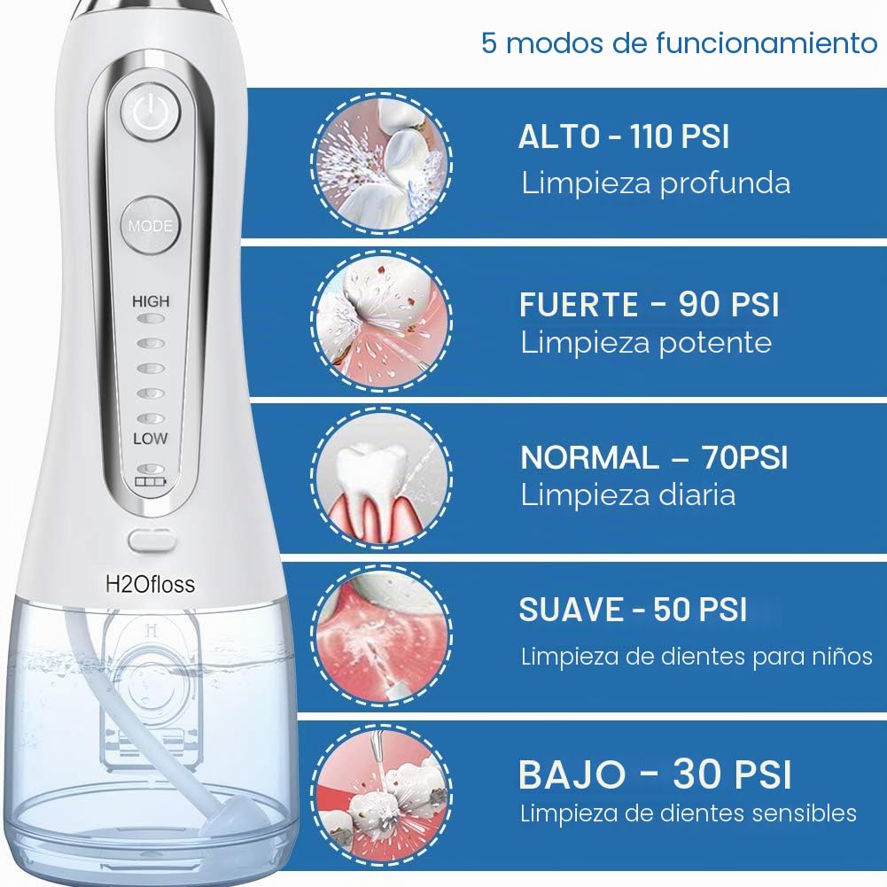 Irrigador Bucal Portátil Profesional - Multifuncional 300ml Irrigador Dental, 5 Modos 6 Boquillas, Tanque de Agua Extraíble, IPX7 Impermeable para Limpieza Dental, Ideal para Viaje(Blanco)