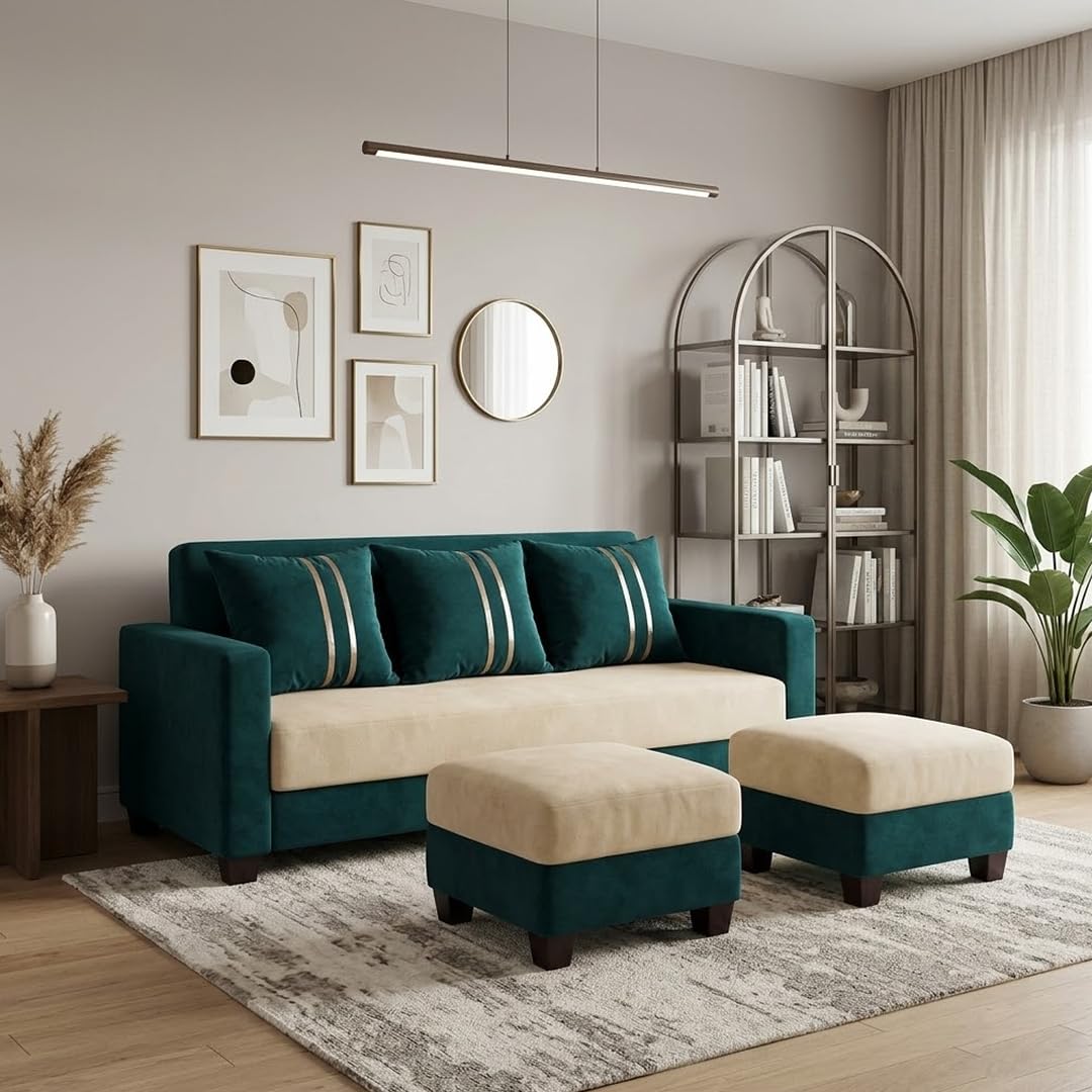 CASASTYLE Livenza 3 Seater Sofa Set with 2 Ottomans (Green Teal - Cream) | Premium Suede Velvet Fabric Finish | Durable Comfort Sofa for Modern Living Room & Office Spaces