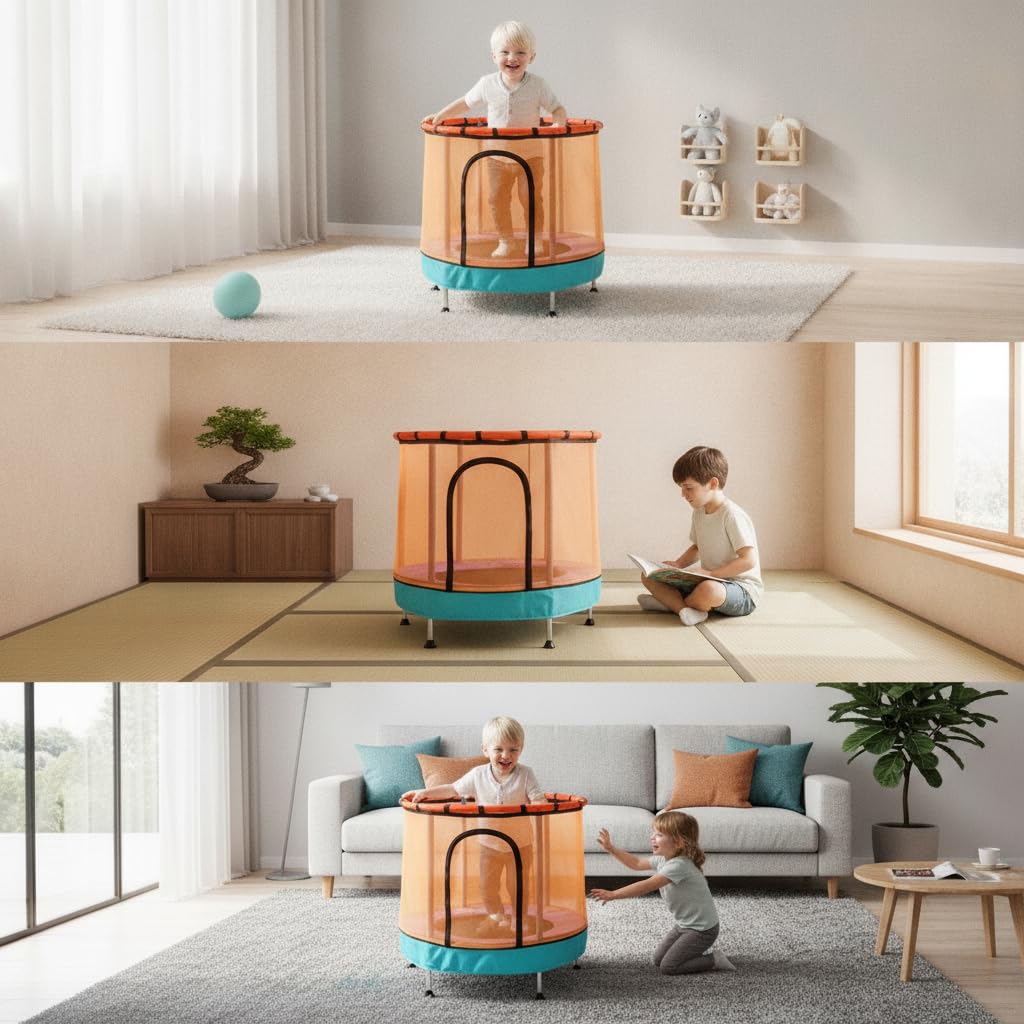 Kindertrampolin Indoor mit snetz & Spielset – Faltbares Mini Trampolin für Kinder