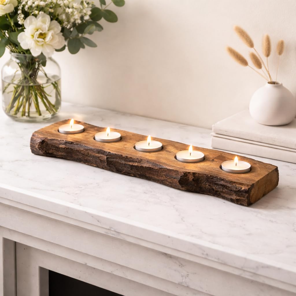 Marco Paul Live Edge Mango Wood Tealight Holder – 6 Candle Wooden Tealight Holder 25cm – Rustic Natural Table Centrepiece for Dining Table, Mantel, Wedding Decor, Housewarming Gift