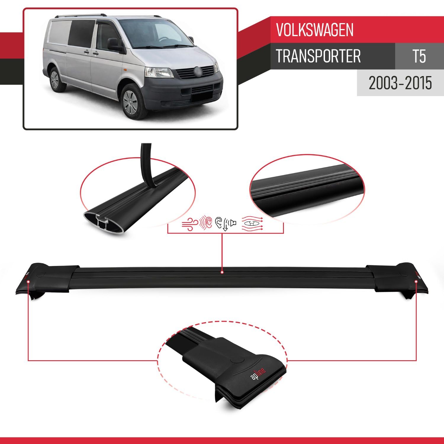 Compatible con Volkswagen Transporter (T5) 2003-2015 Modelo Fly Barra de Techo Auto Portaequipajes Barras Transversales Negro Aluminio 2 Barras