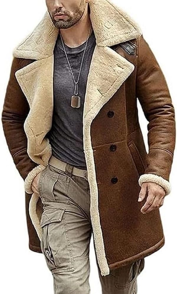 hearling Brown Leather Coat Genuine Sheepskin with Artificial Fur B3