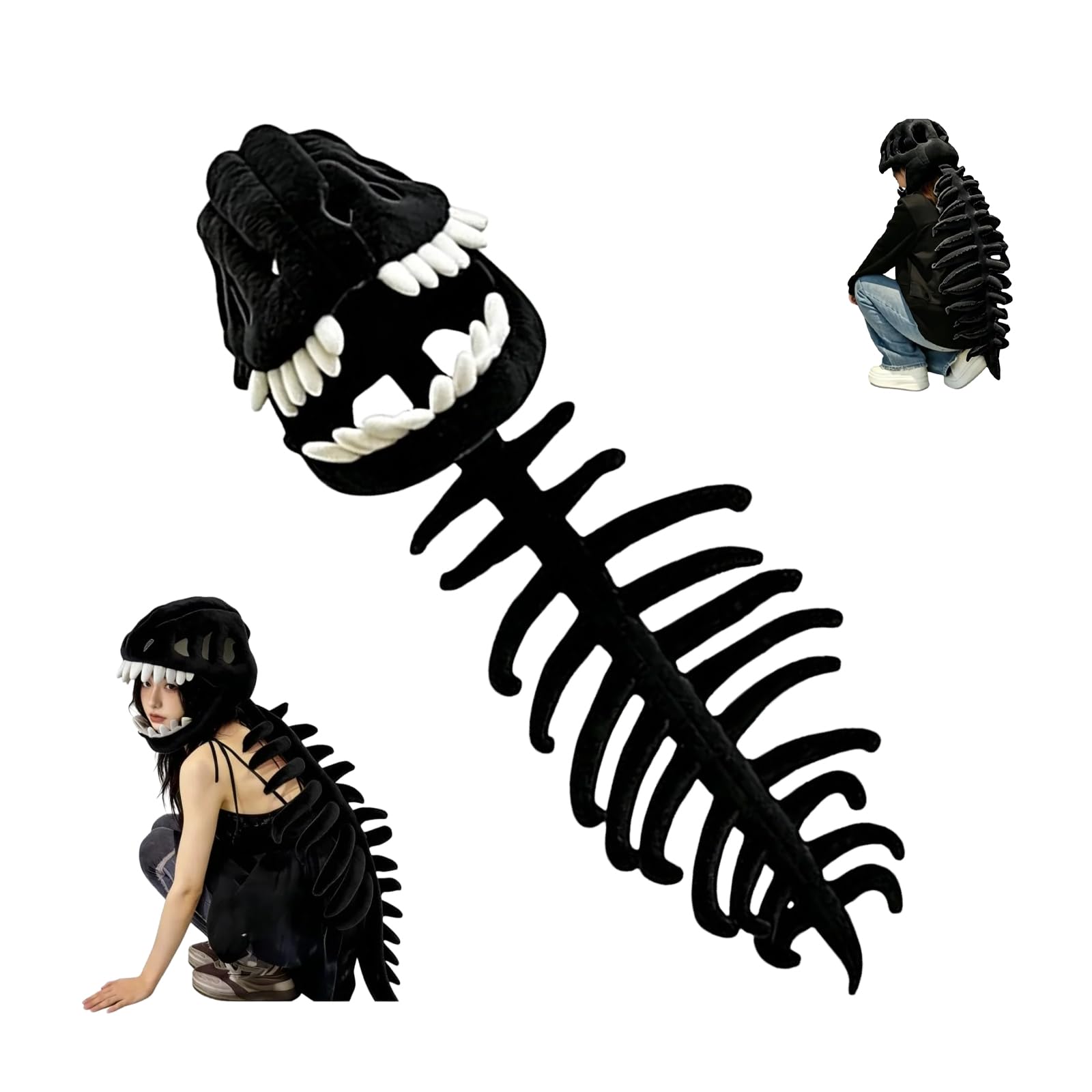 Dinosaur Skeleton Costume with 3D Skull Mask and Plush Spine, Wearable Halloween Cosplay Outfit for Party (Black,45.3 inches)