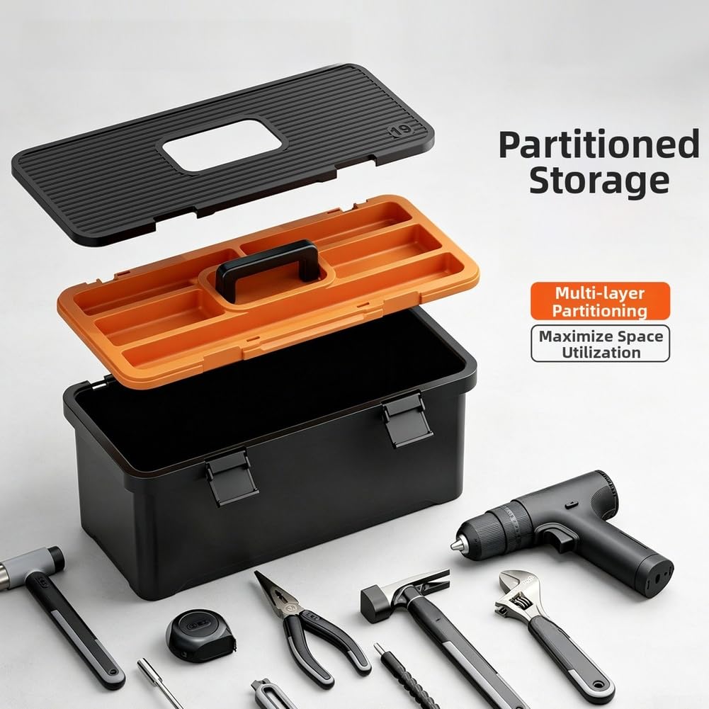 Contenedor de almacenamiento de plástico de doble capa con compartimentos modulares para organización de herramientas hecho de material PP y ABS de larga duración con cómoda asa de transporte (19)