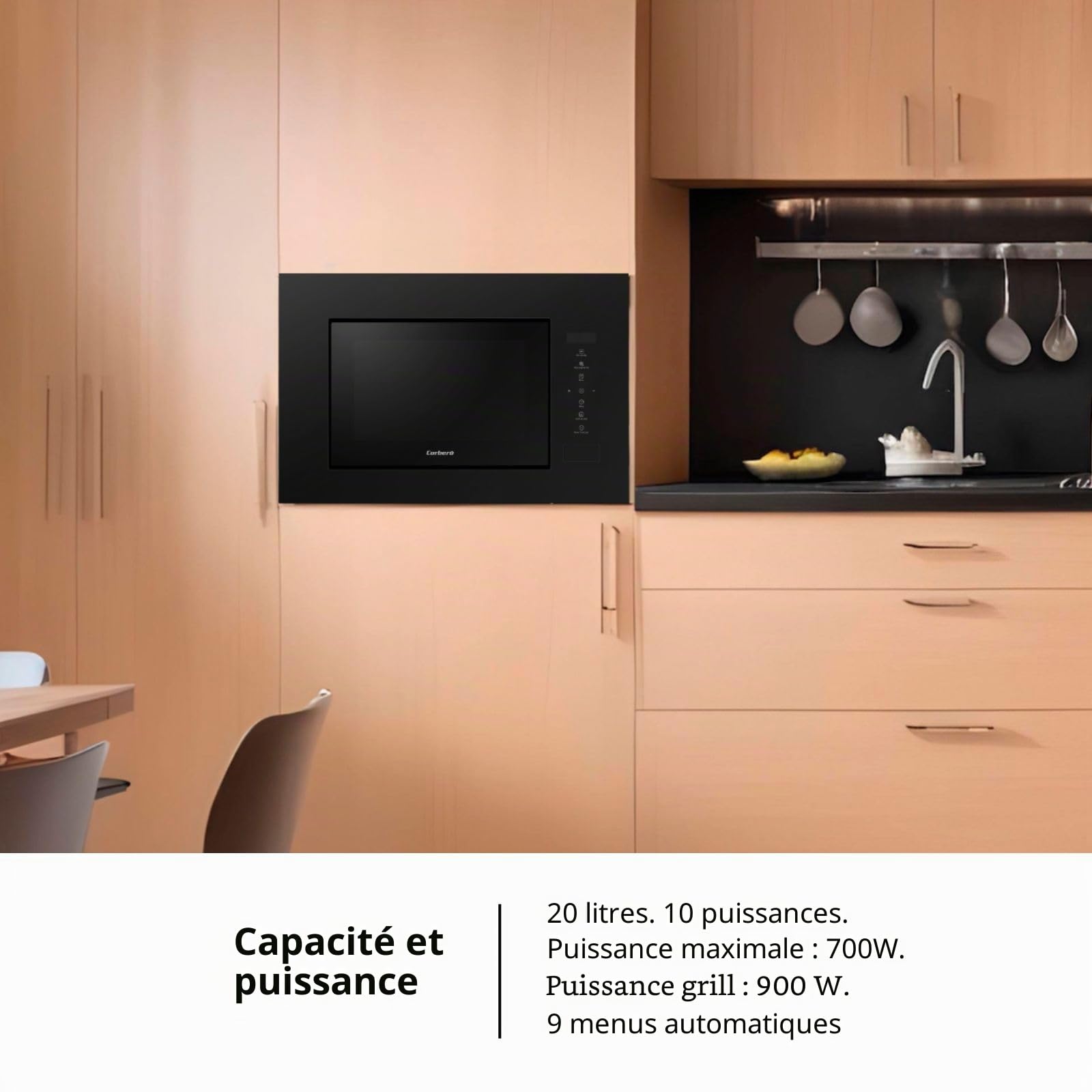 Corberó CMICG520GLNI Micro-ondes encastré Capacité 20 l Puissance 700 W 10 niveaux Menu automatique Décongélation Minuterie 95 min Contrôle tactile Noir
