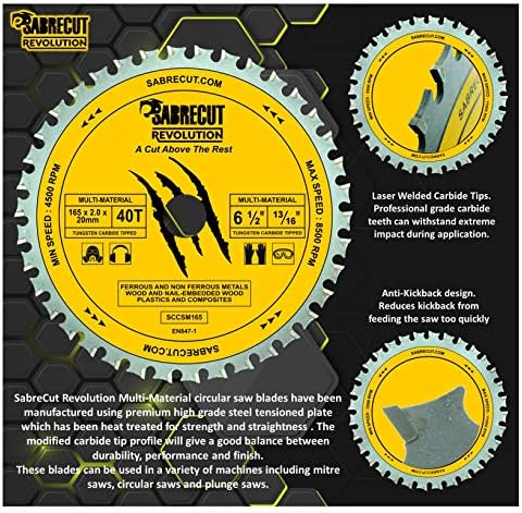 1 x SabreCut SCCSM165_40 165mm 40T x 20mm 16mm Bore Multi-Material Metal Wood Plastic Circular Saw Blade Compatible with Bosch Dewalt Makita Milwaukee and Many Others