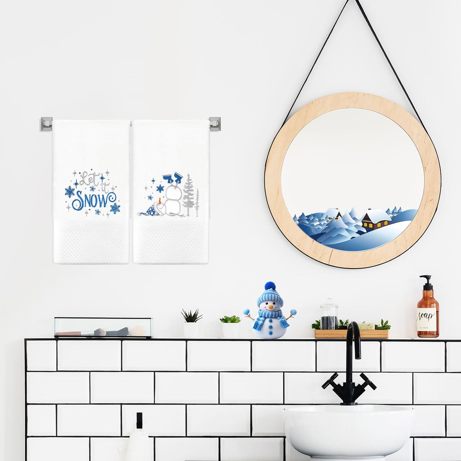 JarThenaAMCS 2Pcs Winter Hand Towels Cotton Dish Towels Christmas Snowman Embroidered Snowflake Bathroom Towels with Blue Ribbon for Drying Cleaning Cooking, 29.5 x 13.7 Inch - Image 5