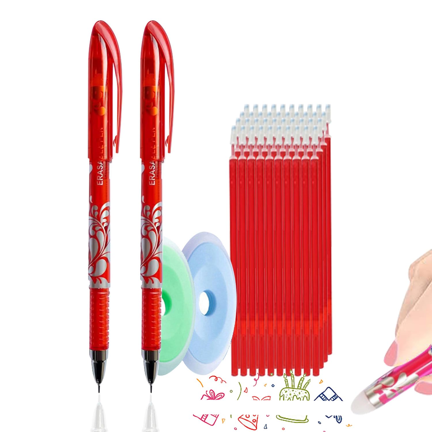 MROOFUL 44Pcs/Set 0.5mm Erasable Pens Rub Out Pens Eraser Pen with Eraser for Kids Adult School Office Stationary Supplies (Red)