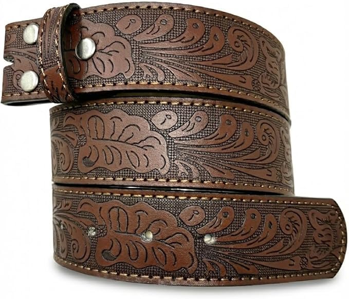 Image of BC Belts Western Leather Belt Strap - 1.5 inch Wide with Embossed Scrollwork Without Buckle for Men & Women, Cowboy /Cowgirl Style