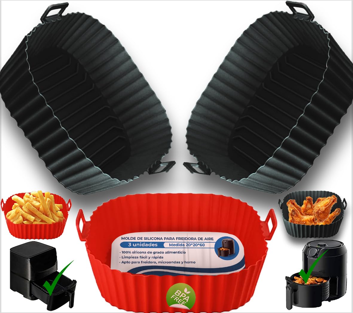 Reusable Silicone Air Fryer Mould 5-8L Set 3 Pieces 21 cm – Silicone Air Fryer Molds, Air Fryer Container, Air Fryer Accessories, Tray for Airfyer, Molds for Airfryer